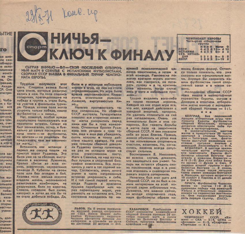 статьи футбол П12 №65 отчет о матче сб. СССР - сб. Испания ОМ ЧЕ 1971г.