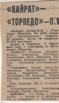 стать футбол П12 №84 отчет о матче Кайрат Ала-Ата - Торпедо Москва 1980г.