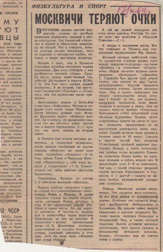 стать футбол П12 №101 отчеты о матчах Динамо Тбилиси - Спартак Москва 1969г.