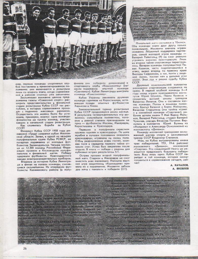 вырезки из журналов футбол Спартак Москва (клуб)- обл. кубка миллионов 1959г.