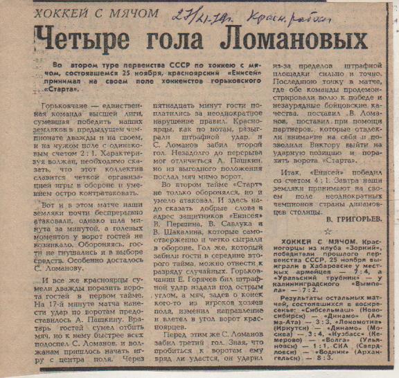 стат х/м П1 №166 отчет о матче Енисей Красноярск - Старт Горький 1979г.