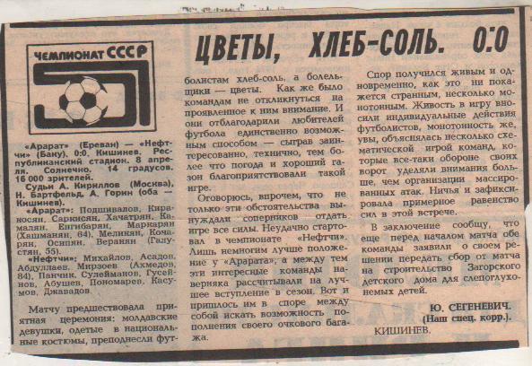 статьи футбол П12 №260 отчет о матче Арарат Ереван - Нефтчи Баку 1988г.
