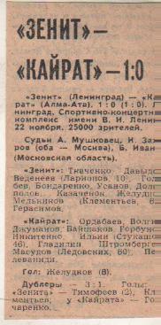 ста футбол П12 №282 отчет о матче Зенит Ленинград - Кайрат Алма-Ата 1980г.
