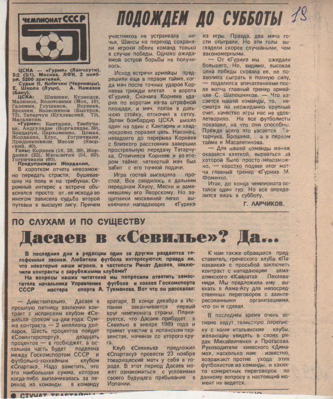 статьи футбол П12 №292 отчет о матче ЦСКА Москва - Гурия Ланчхути 1988г.