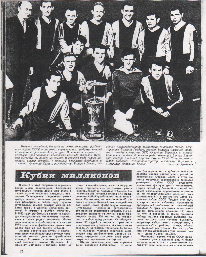 вырезки из журналов футбол Стрела Москва - обладатель кубка миллионов 1963г.