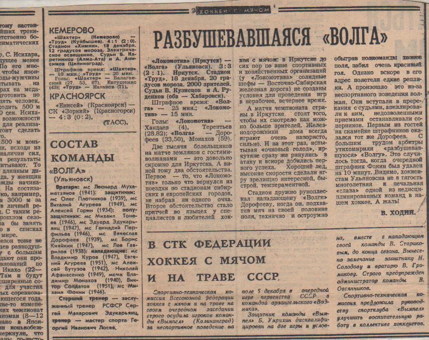 стат х/м П1 №212 отчетыв о матчах Локомотив Иркутск - Волга Ульяновск 1969г.