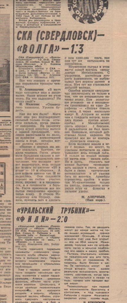 статьи х/м П1 №300 отчеты о матчах СКА Свердловск - Волга Ульяновск 1971г.