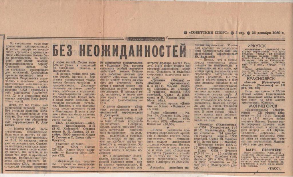 статьи х/м П1 №307 отчеты о матчах СКА Хабаровск - Зоркий Красногорск 1969г.