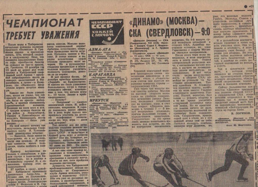 статьи х/м П1 №310 отчеты о матчах Динамо Москва - СКА Свердловск 1975г.