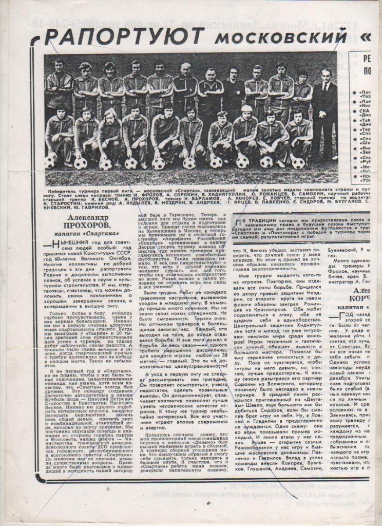 вырез из журналов футбол Спартак Москва - победитель первой лиги 1977г.