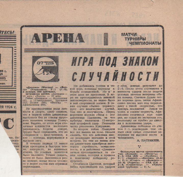 статьи х/м П1 №313 отчет о матче Динамо Москва - Волга Ульяновск 1985г.