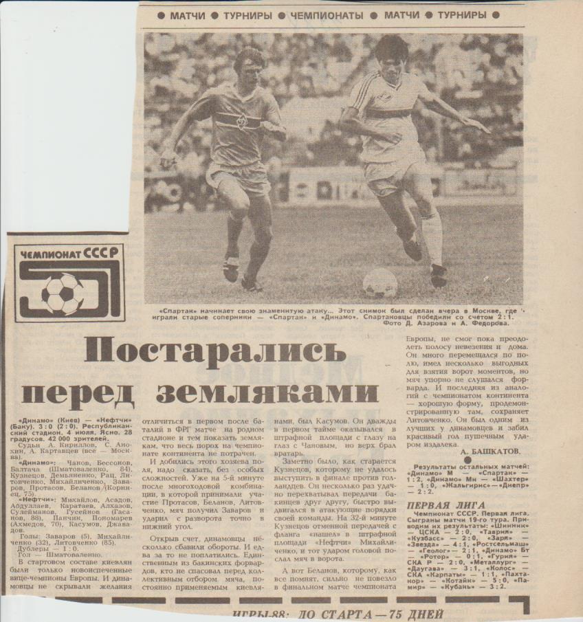 стать футбол П13 №220 отчет о матче Динамо Киев - Нефтчи Баку 1988г.