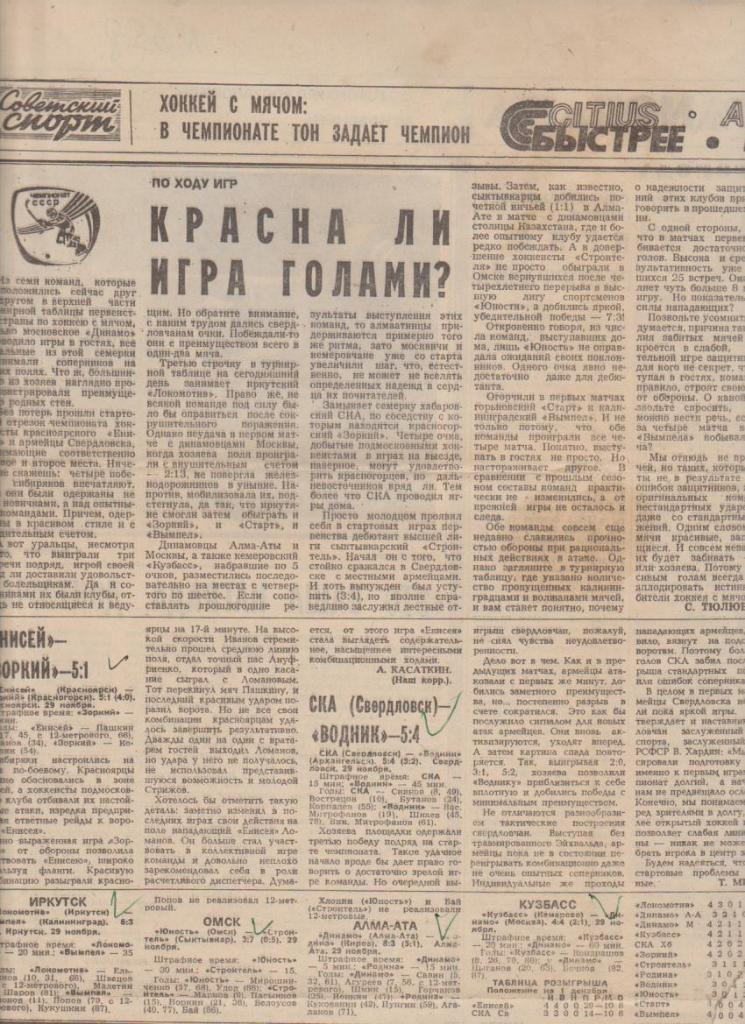 ст х/м П1 №358 отчеты о матчах Енисей Красноярск - Зоркий Красногорск 1983г.