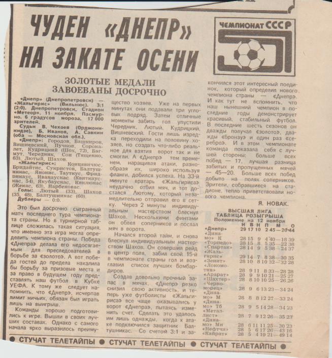 ст футбол П13 №237 отчет о матче Днепр Днепропетро - Жальгирис Вильнюс 1988г