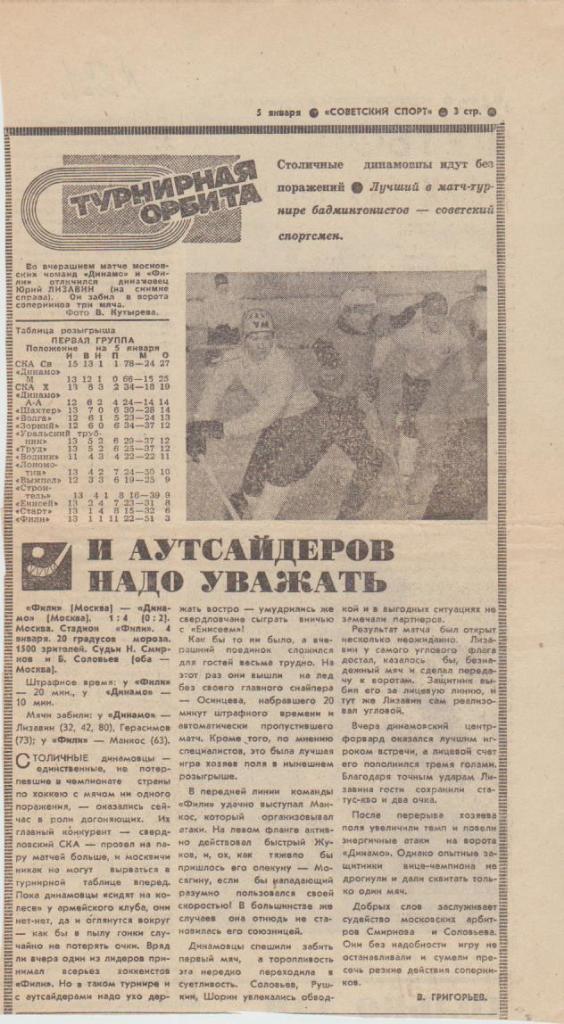 стат хоккей с мячом П1 №391 отчет о матче Фили Москва - Динамо Москва 1969г.