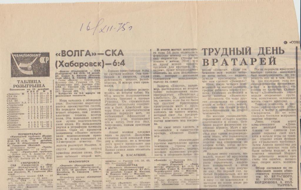 стат х/м П1 №394 отчеты о матчах Волга Ульяновск - СКА Хабаровск 1975г.