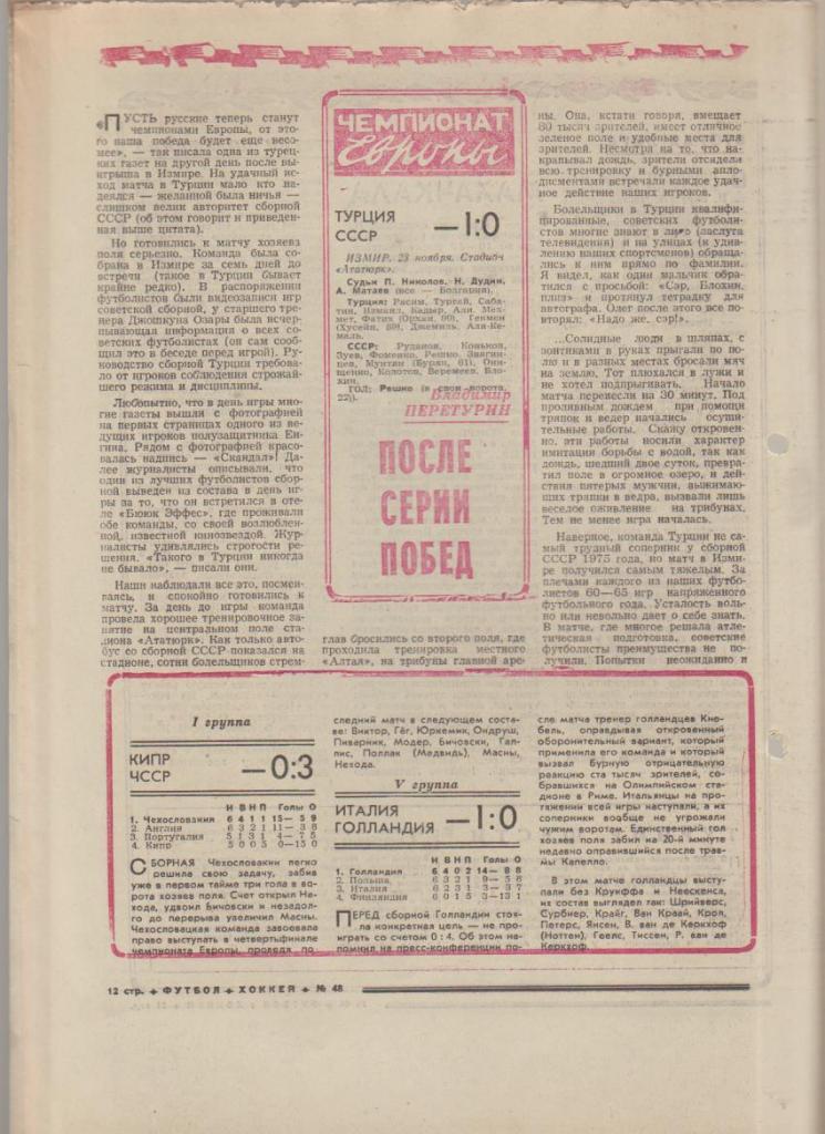 газ К спорт еженедельник Футбол-Хоккей г.Москва 1975г. №48 Спартак - Милан 1