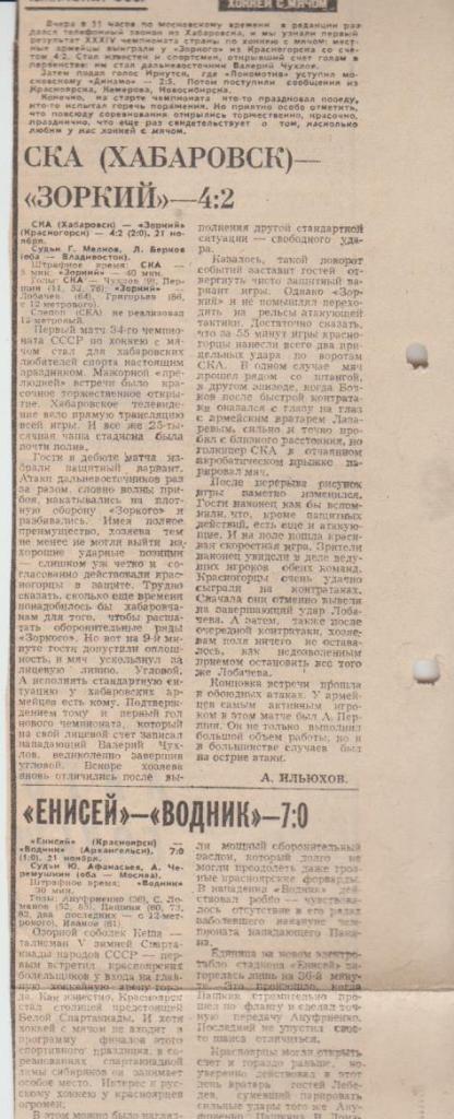 статьи х/м П2 №75 отчеты о матчах СКА Хабаровск - Зоркий Красногорск 1981г.