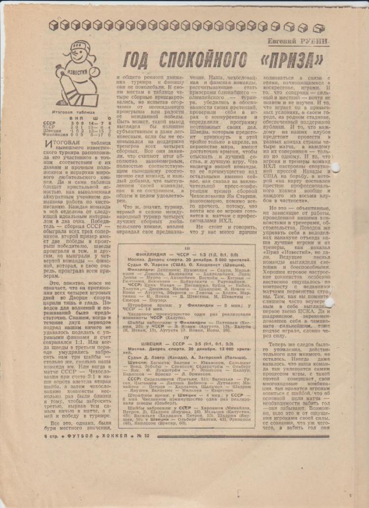 газ К спорт еженедельник Футбол-Хоккей г.Москва 1975г. №52 Олег Блохин 1