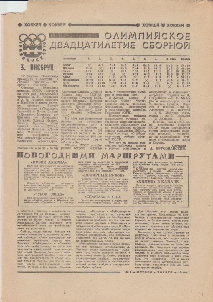 газ К спор еженедельник Футбол-Хоккей г.Москва 1976г. №2 2