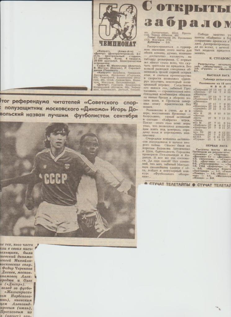 ст футбол П14 №77 отчет о матче Кайрат Алма-Ата - Днепр Днепропетровск 1987г