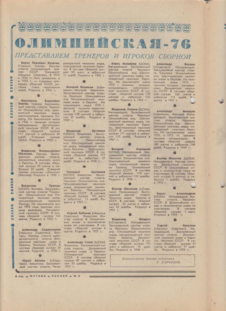 газета К спорт еженедельник Футбол-Хоккей г.Москва 1976г. №6 О.И. 1