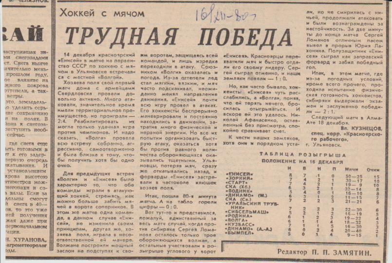 статьи х/м П2 №113 отчет о матче Волга Ульяновск - Енисей Красноярск 1980г.