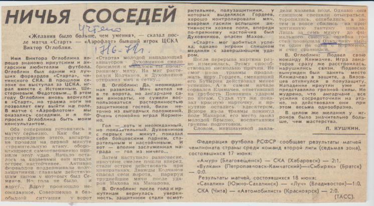 стать футбол П1 №44 отчет о матче Старт Ангарск - Аэрофлот Иркутск 1972г