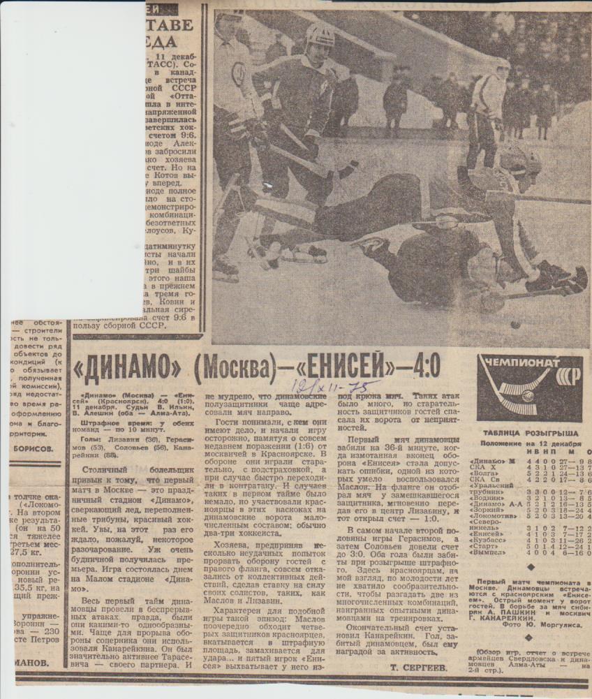 статьи х/м П2 №114 отчет о матче Динамо Москва - Енисей Красноярск 1975г.