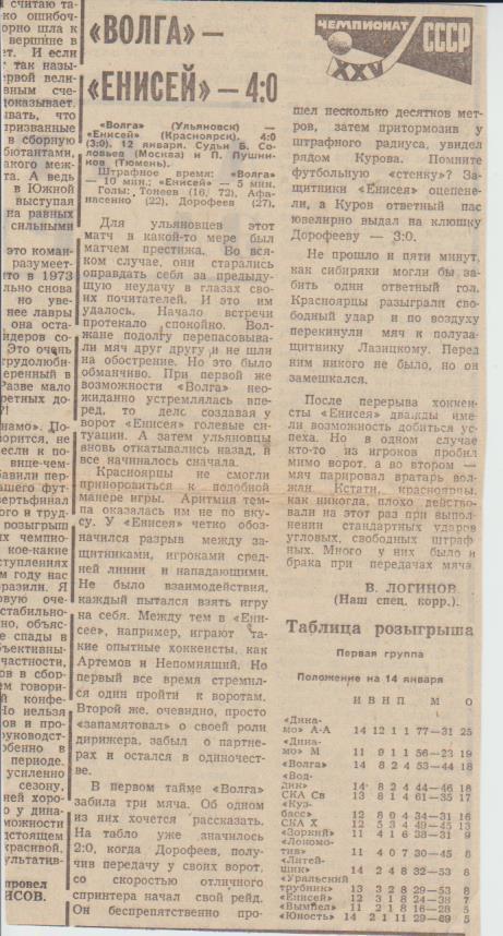 статьи х/м П2 №144 отчет о матче Волга Ульяновск - Енисей! Красноярск 1973г.
