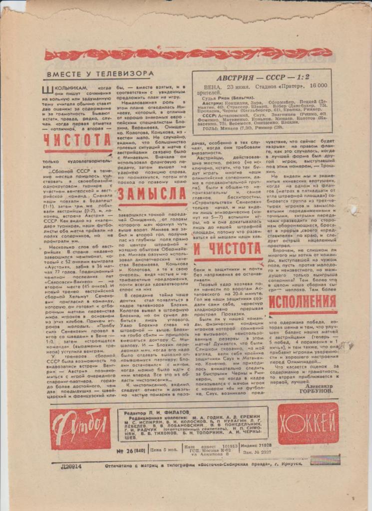газет К спорт еженедельник Футбол-Хоккей г.Москва 1976г. №26 СССР - Австрия 2
