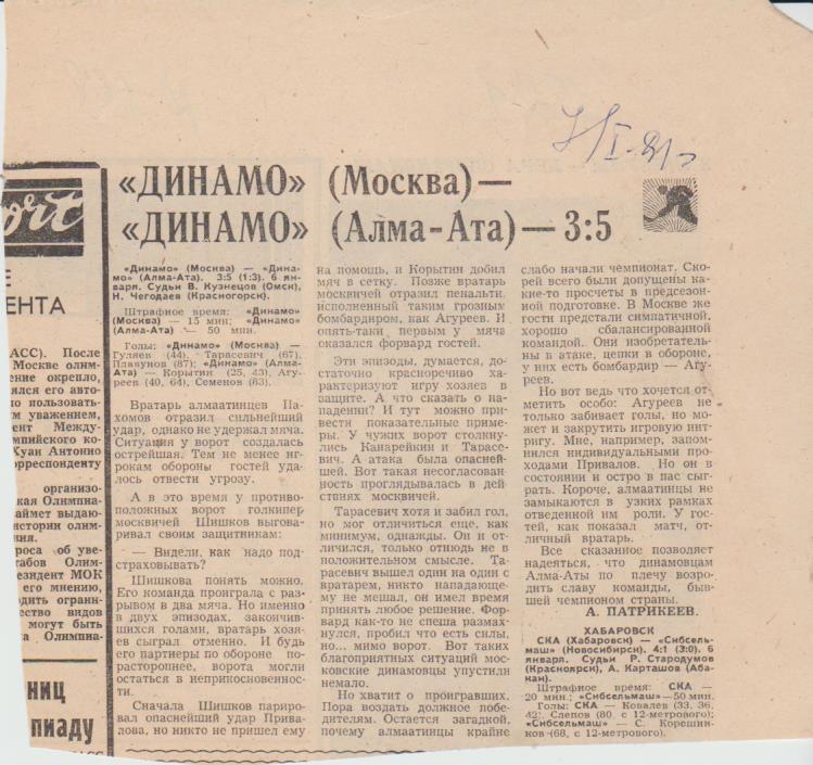 статьи х/м П2 №168 отчет о матче Динамо Москва - Динамо Алма-Ата 1981г.