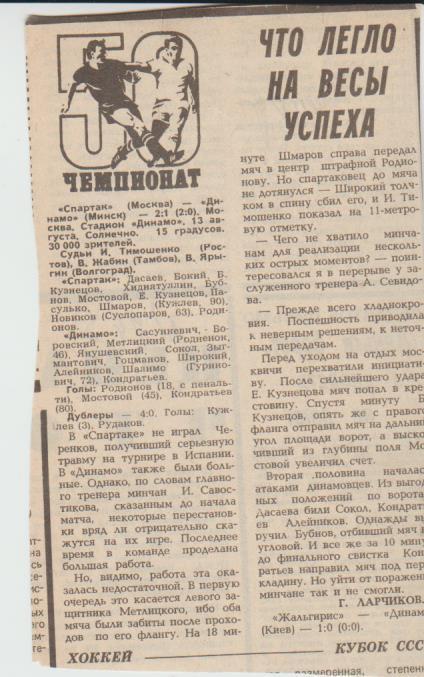 стат футбол П14 №245 отчет о матче Спартак Москва - Динамо Минск1987г.