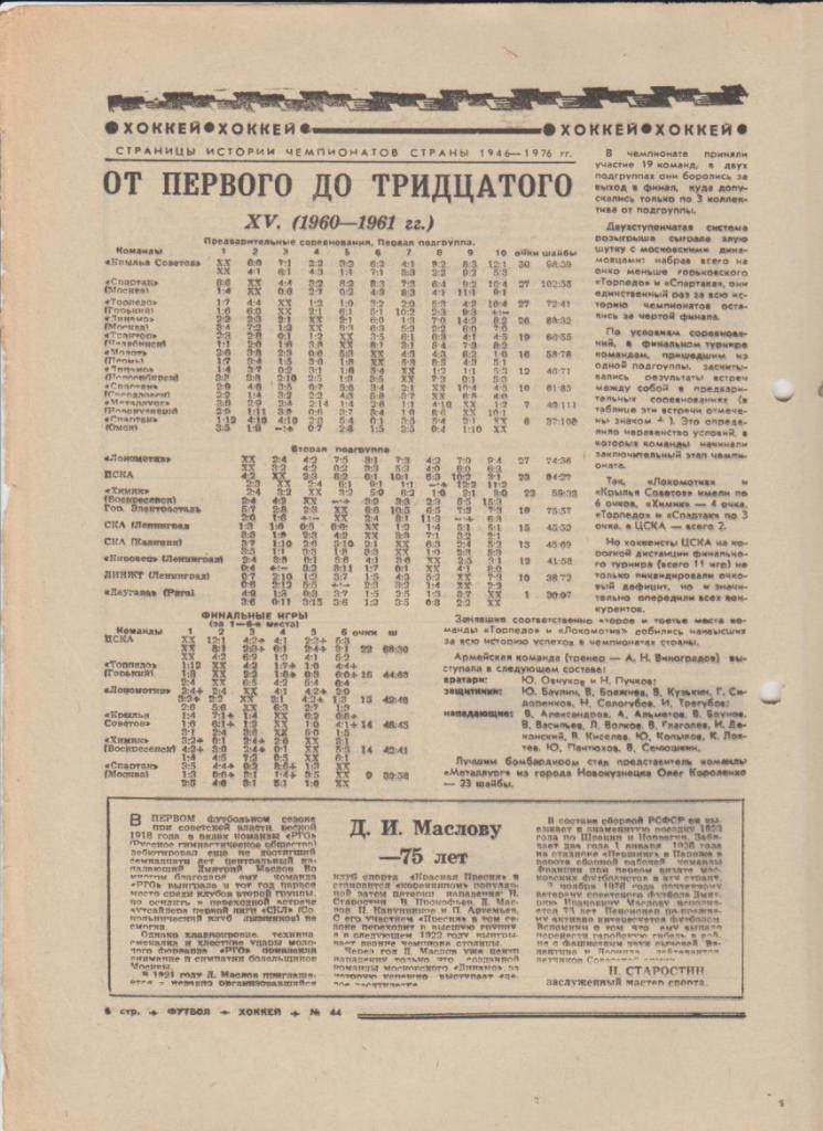 газет К спорт еженедельник Футбол-Хоккей г.Москва 1976г. №44 1
