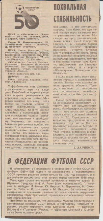 статьи футбол П14 №315 отчет о матче ЦСКА Москва - Металлист Харьков 1987г.