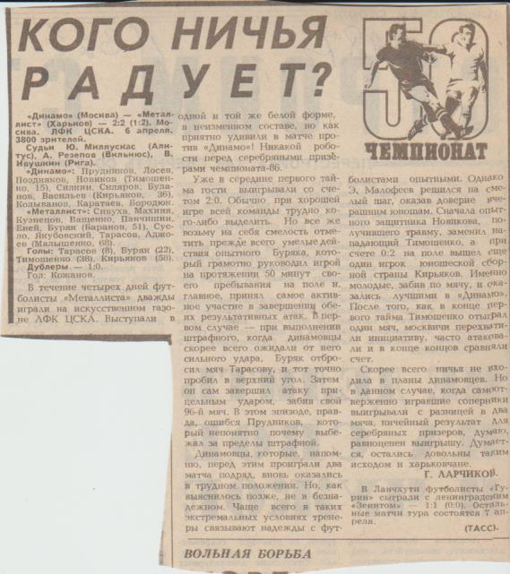 статьи футбол П14 №321 отчет о матче Динамо Москва - Металлист Харьков 1987г