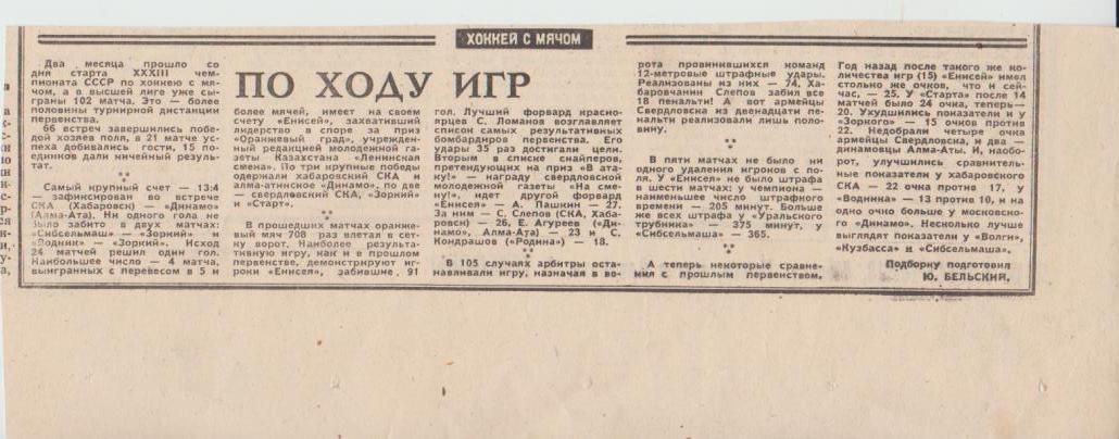 статьи х/м П2 №215 заметка По ходу игр Ю. Бельский 1981г.