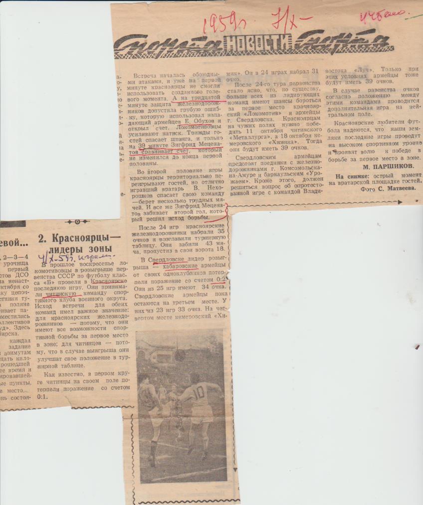 ст футбол №168 отчет о матче Локомотив Красноярск - СКВО Чита 1959г