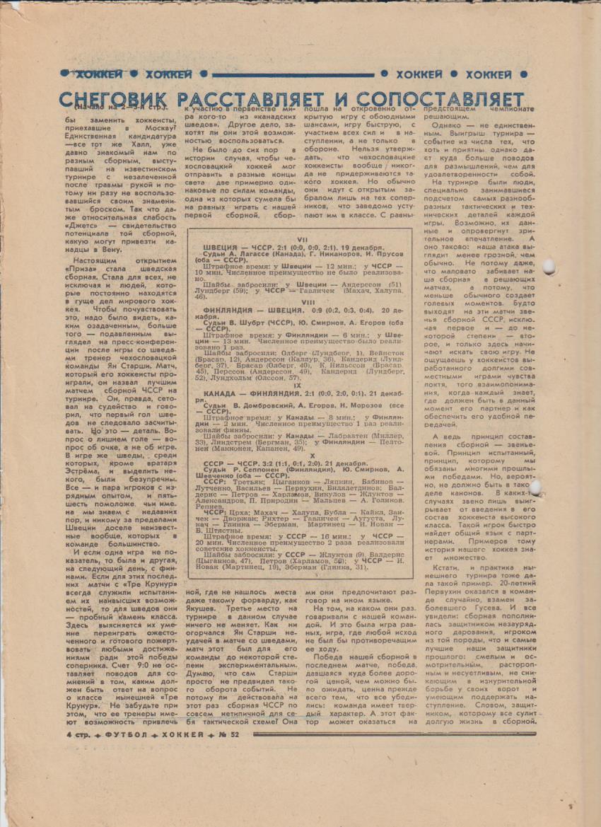 газет К спорт еженедельник Футбол-Хоккей г.Москва 1976г. №52 приз Известий 1