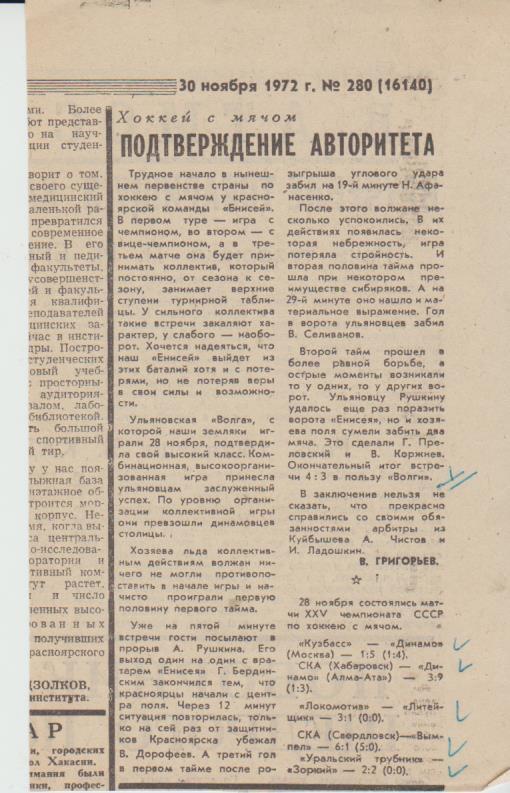 стат х/м П2 №402 отчет о матче Енисей Красноярск - Волга Ульяновск 1972г.