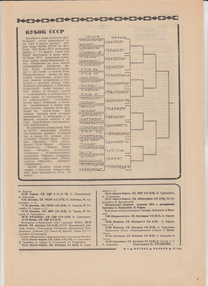 газет К спорт еженедельник Футбол-Хоккей г.Москва 1978г №5 сетка кубка СССР 2