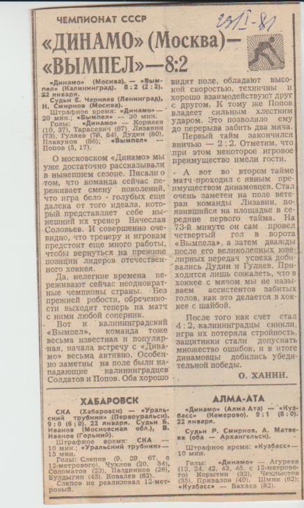 ст х/м П3 №19 отчеты о матчах Динамо Москва - Вымпел Калининград 1981г
