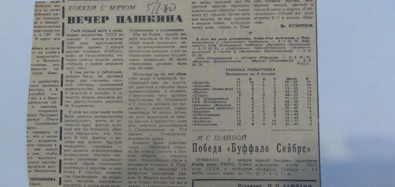 ст х/м П3 №81 отчет о матче Енисей Красноярск - Сибсельмаш Новосибирск 1980г