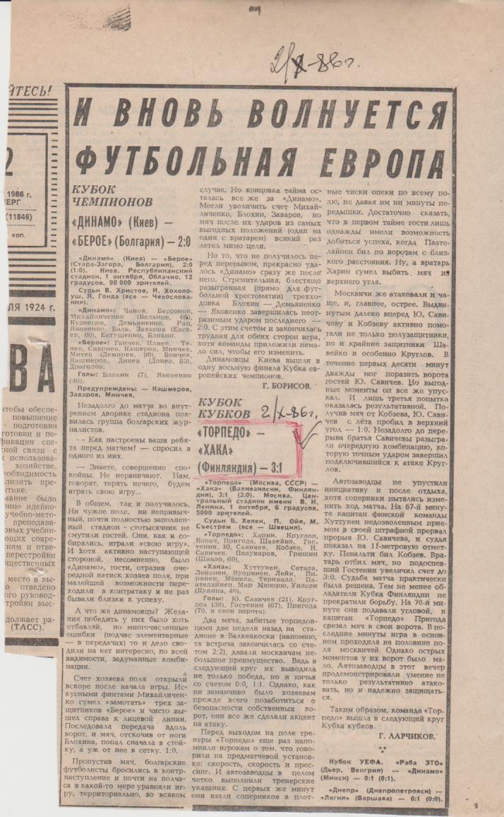 са футбол П16 №125 отчеыт о матча Торпедо Москва - Хака Финляндия КОК 1986г.