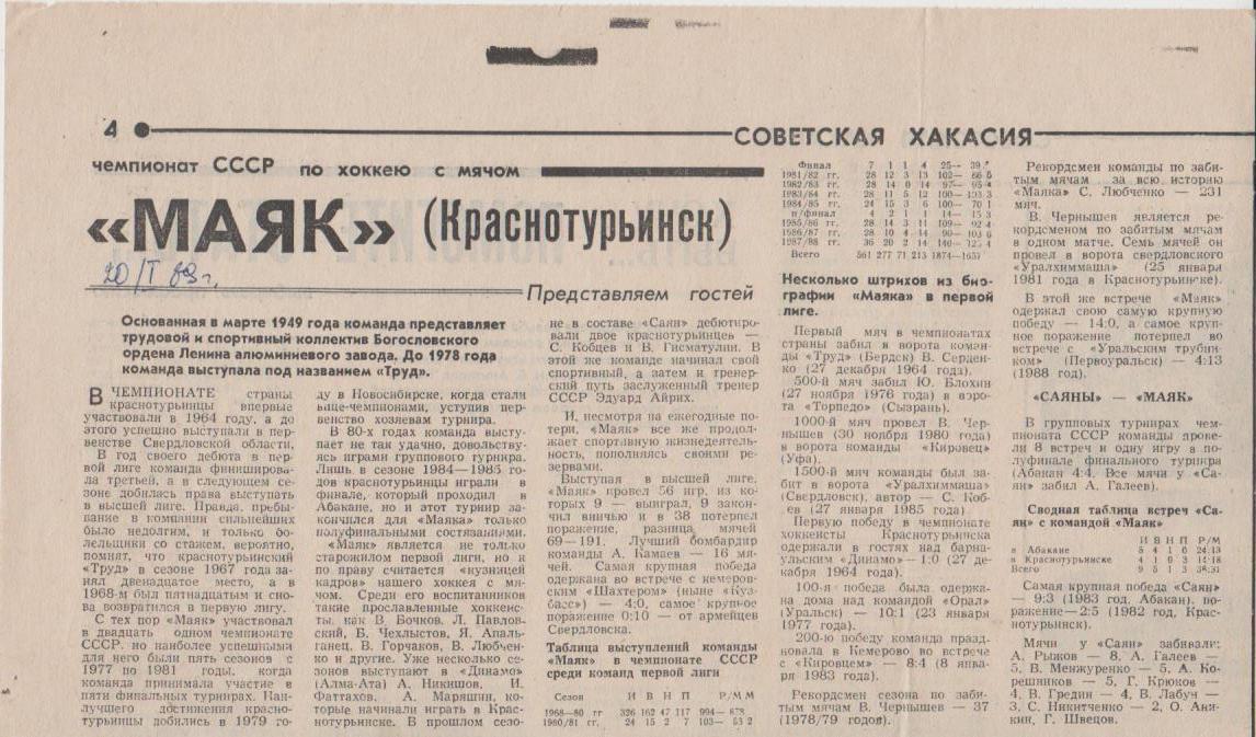 ст хоккей с мячом П3 №126 представлениек-ды Маяк Краснотурьинск 1989г
