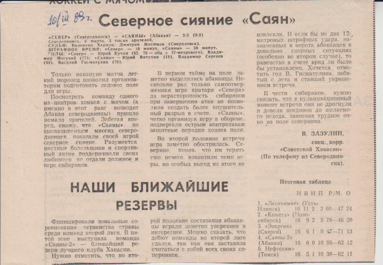 ст хок с мячом П3 №129 отчет о матче Север Северодвинск - Саяны Абакан 1989г