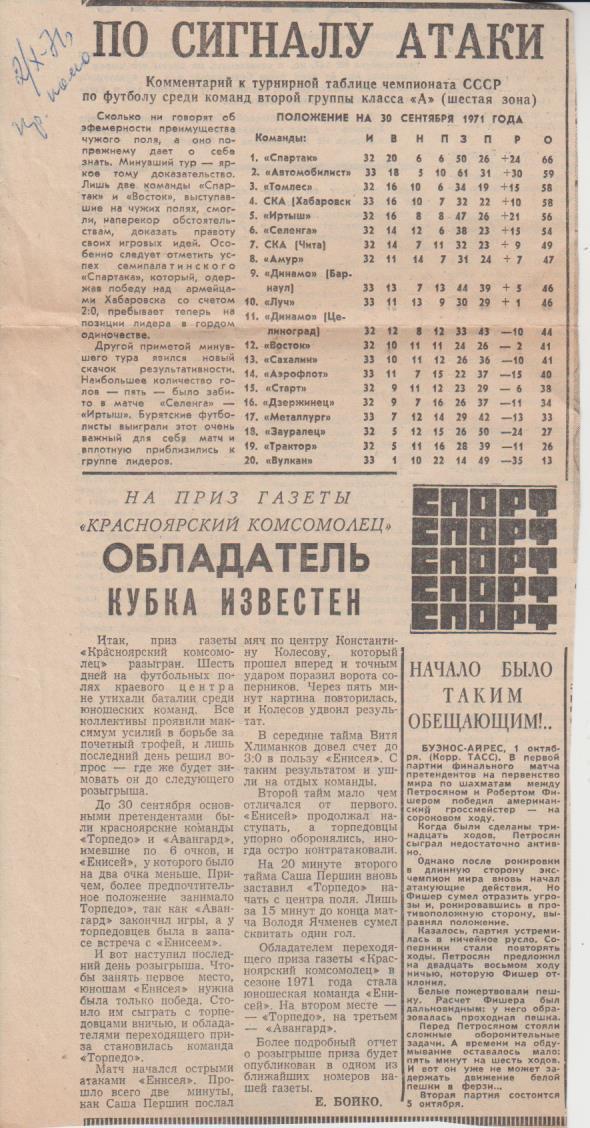статьи футбол П1 №26 статья По сигналу атаки Б. Бойко 1971г. с таблицей