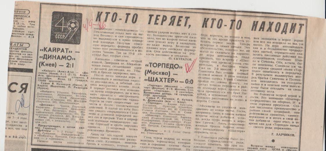 статьи футбол П16 №238 отчеты о матчах Торпедо Москва - Шахтер Донецк 1986г.