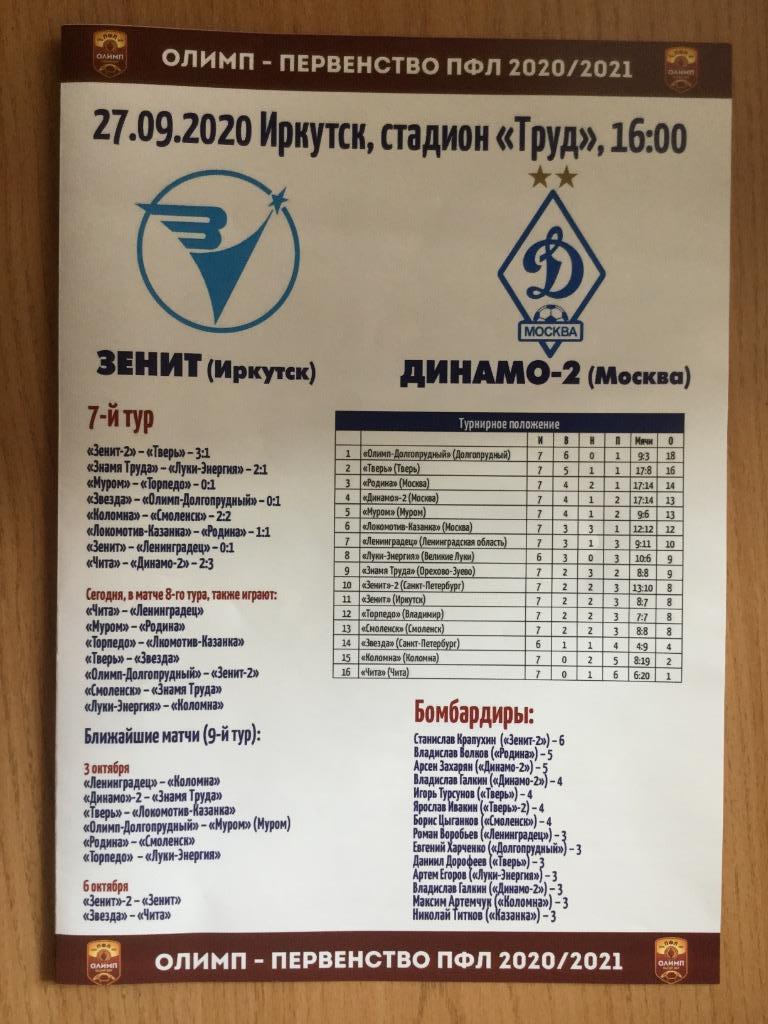Зенит (Иркутск) - Динамо-2 (Москва) - 2020/2021 (27 сентября)