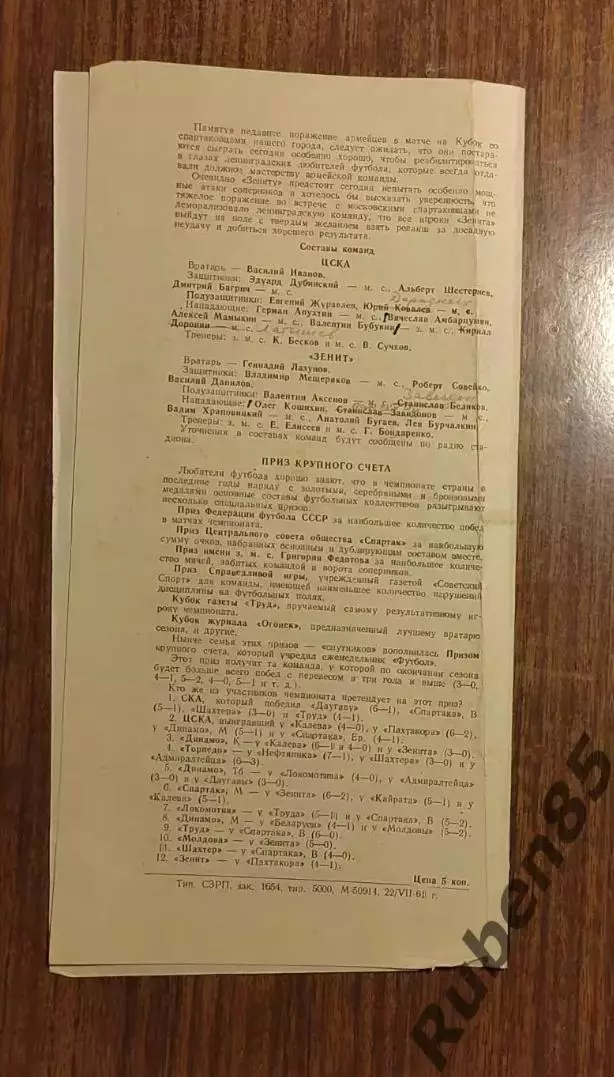 Футбол Программка Зенит - ЦСКА 1961 1